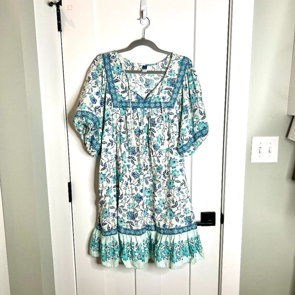 Old Navy White Floral Tunic Dress with Teal and Blue Accents